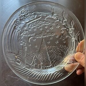 3 vintage Mikasa glass plates. 7” Santa flying over a village house.